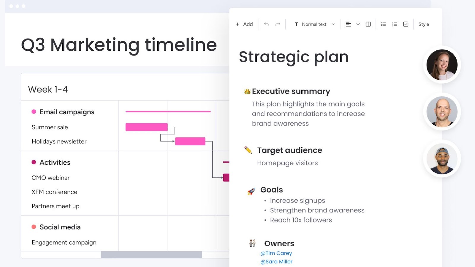 Monday.com's visual marketing plan and timeline workflow