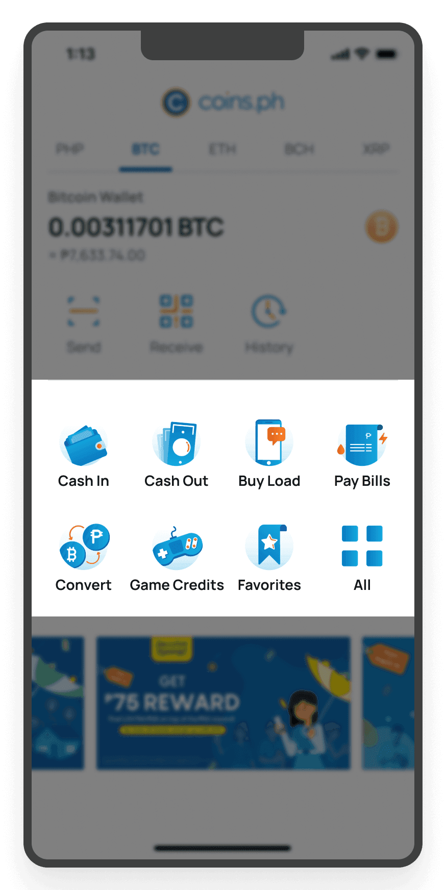 A smartphone screen blurred in the background, displaying a cryptocurrency app's main menu with various options like trading, payments, and wallet management highlighted.