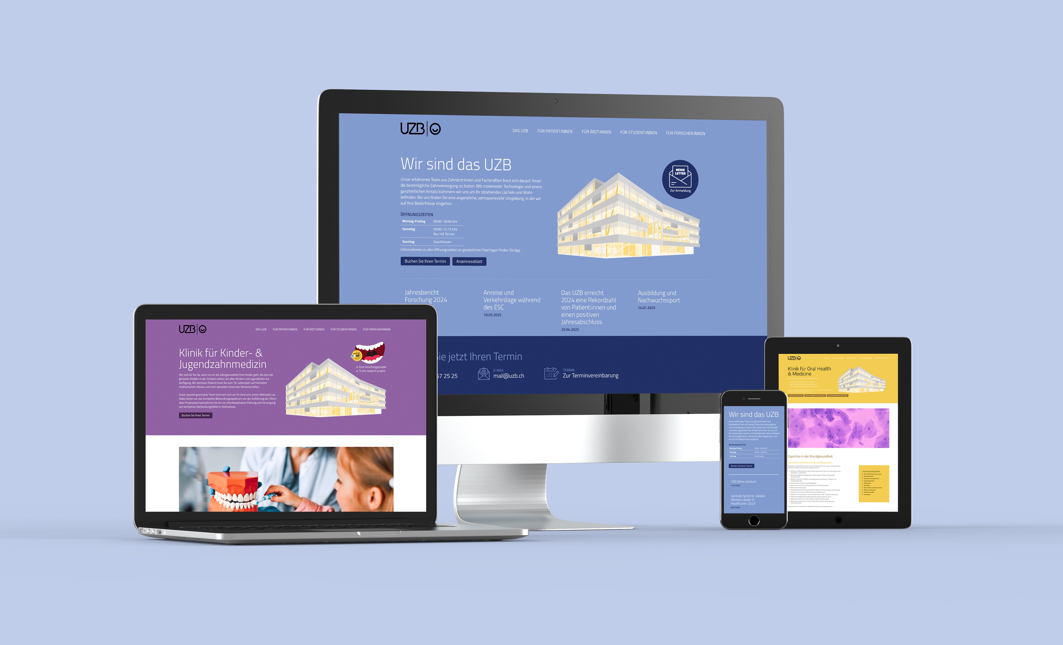Digitale Anwendung des Corporate Designs der UZB Basel – Weblayout und Interface Design in der neuen visuellen Sprache.