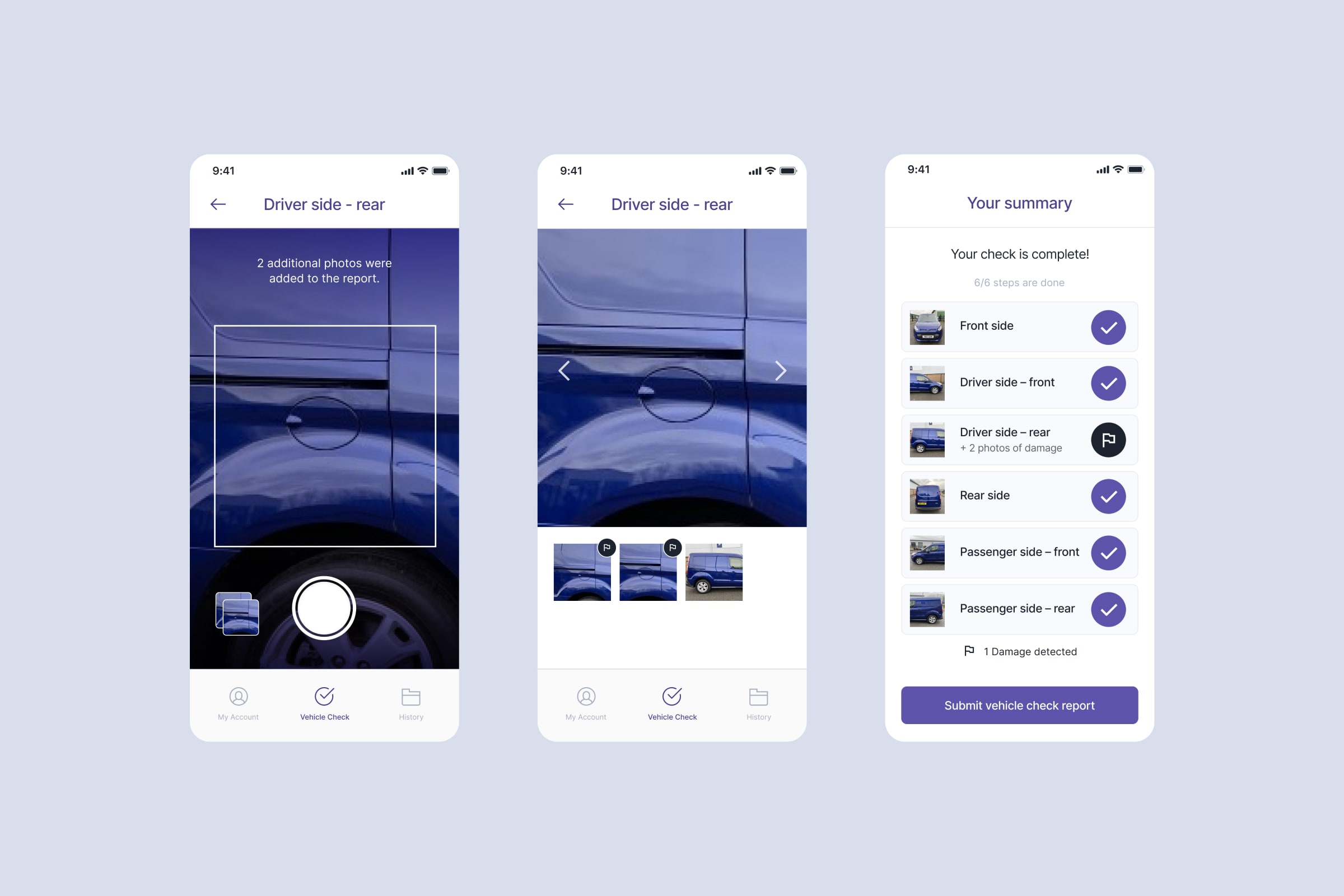 Three DamageCheck app screens showing an active camera capture view for the driver side rear, a photo review screen with additional damage images in a carousel, and the completed summary screen showing all six sides captured with one damage flag and a submit button.