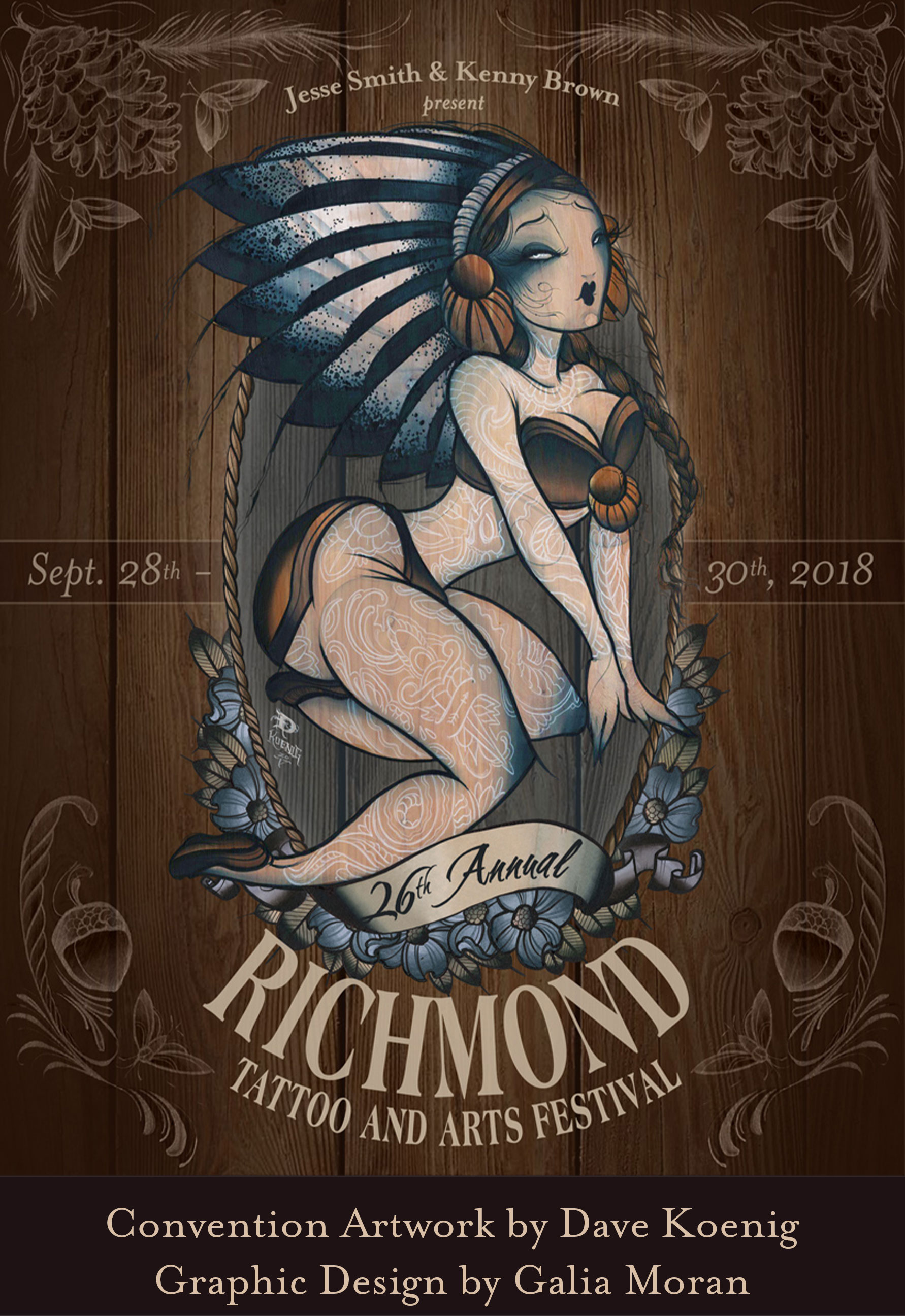 2018 Convention Artwork of a pinup girl with a native american headress for the Richmond Tattoo and Arts Convention