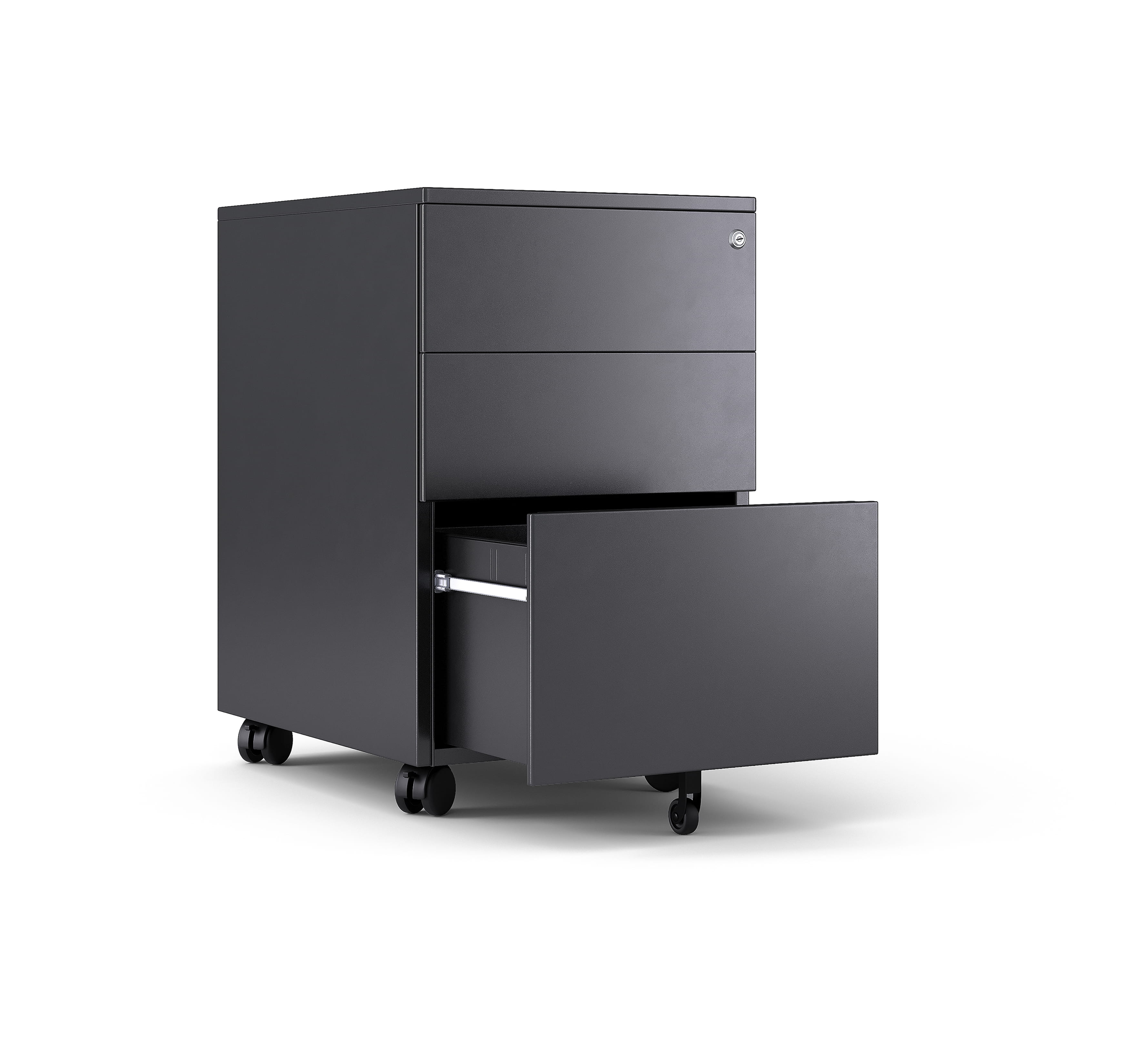 3D render of drawer unit with extended drawer and caster base in dark finish