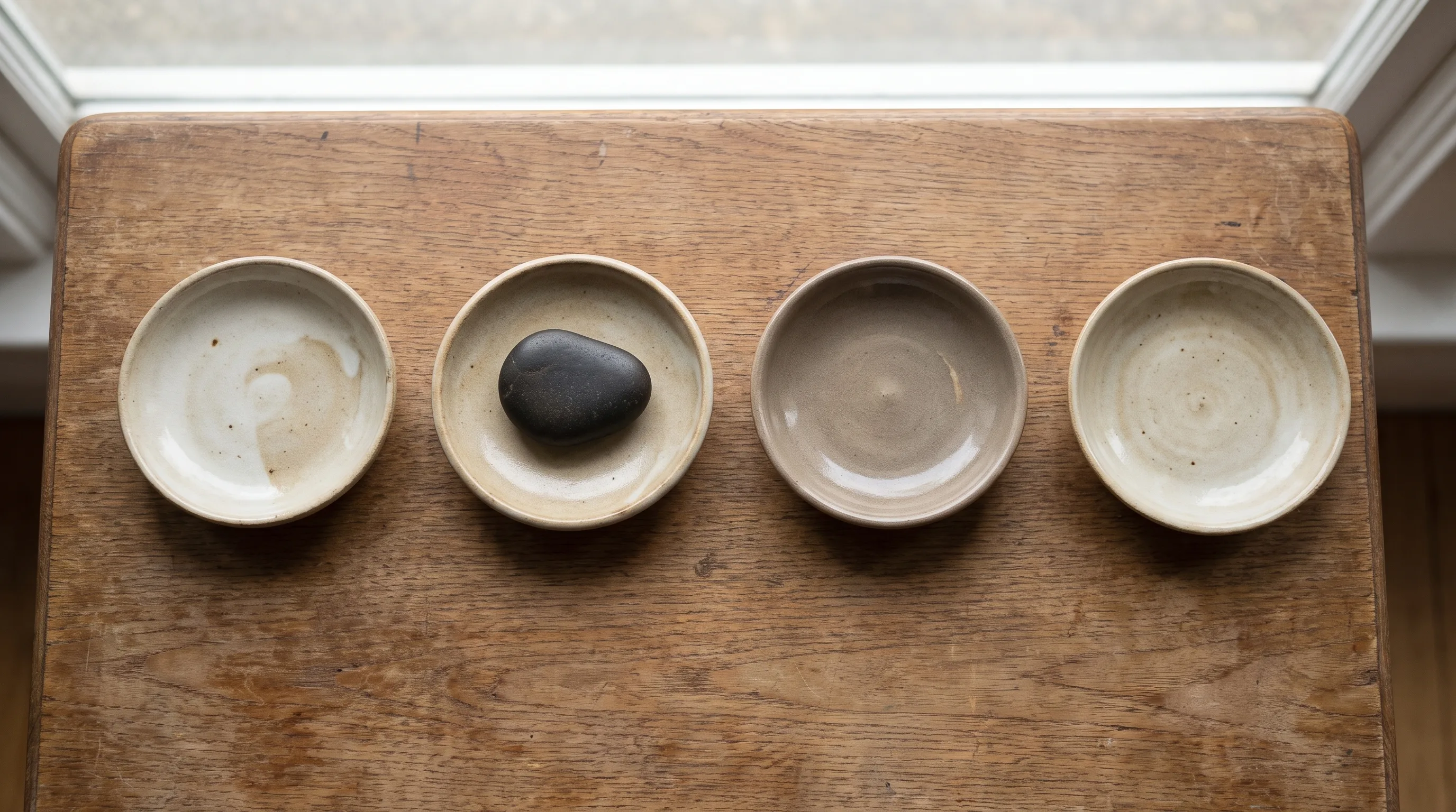 Four small ceramic dishes in a row, three of them empty and one holding a dark stone