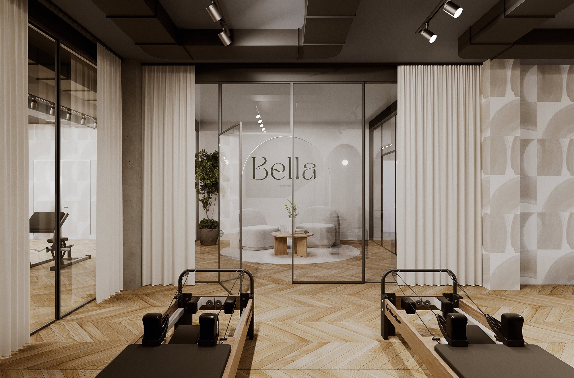 Modern interior with neutral tones, featuring seating areas, wooden floors, and large windows.