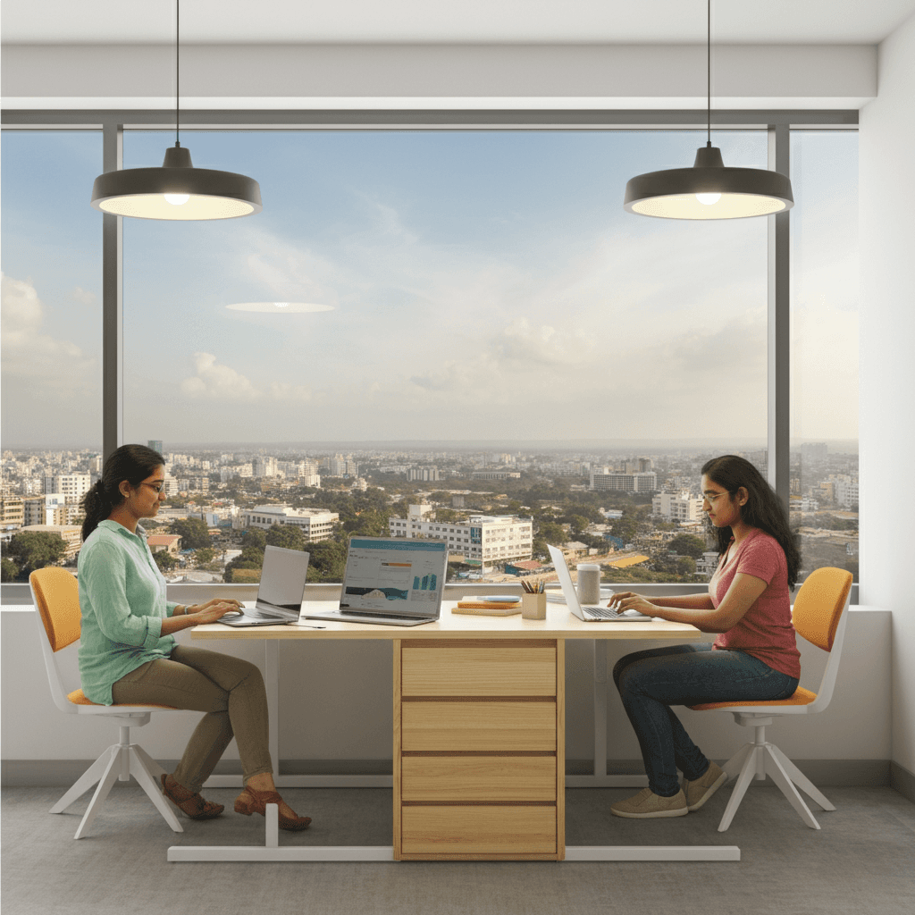 Minimalist office space with people working on their laptops, overlooking a city scape that looks like bangalore. Make the people mixed race, with a slight indian look