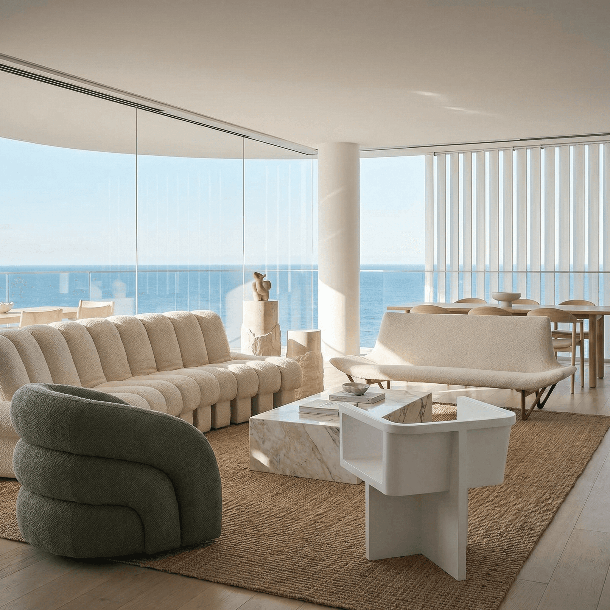Modern staircase with glass balustrade, walnut flooring, and large windows overlooking a forest.