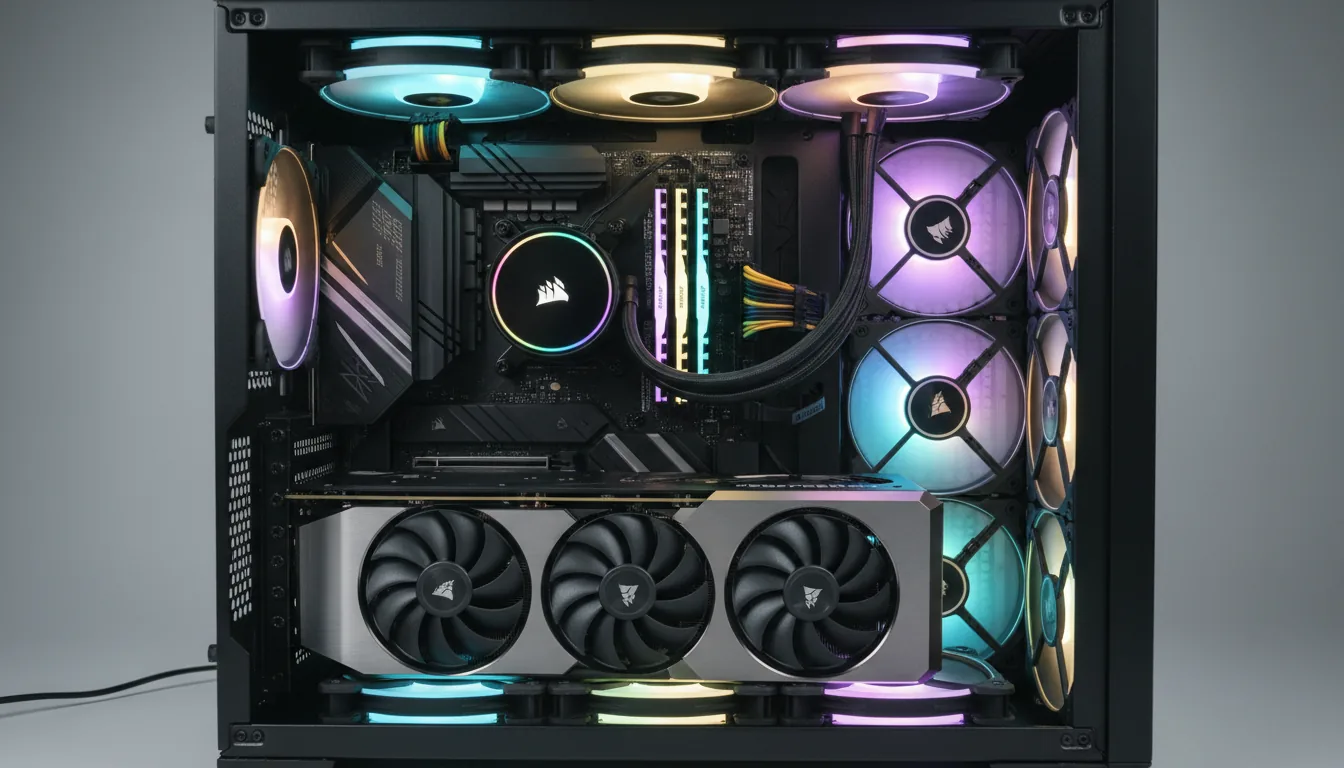 DSLR product photography of the interior of a high-end gaming PC, angled top-down view. A matte black motherboard featuring a Corsair AIO liquid cooler, four sticks of glowing RGB RAM, and a prominent NVIDIA GeForce RTX graphics card. The scene is illuminated by vibrant internal RGB lighting from Corsair case fans, casting a colorful glow with gradients of cyan, yellow, and purple. Soft studio lighting with cinematic contrast, highlighting the textures of braided cables and metallic heatsinks against the dark, high-performance components. Sharp focus on the central components.