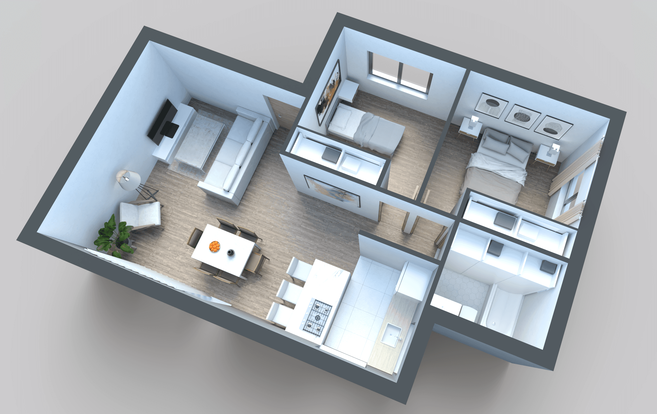 3D model of a two-bedroom apartment featuring a cohesive furniture layout with an open-plan living and dining area.