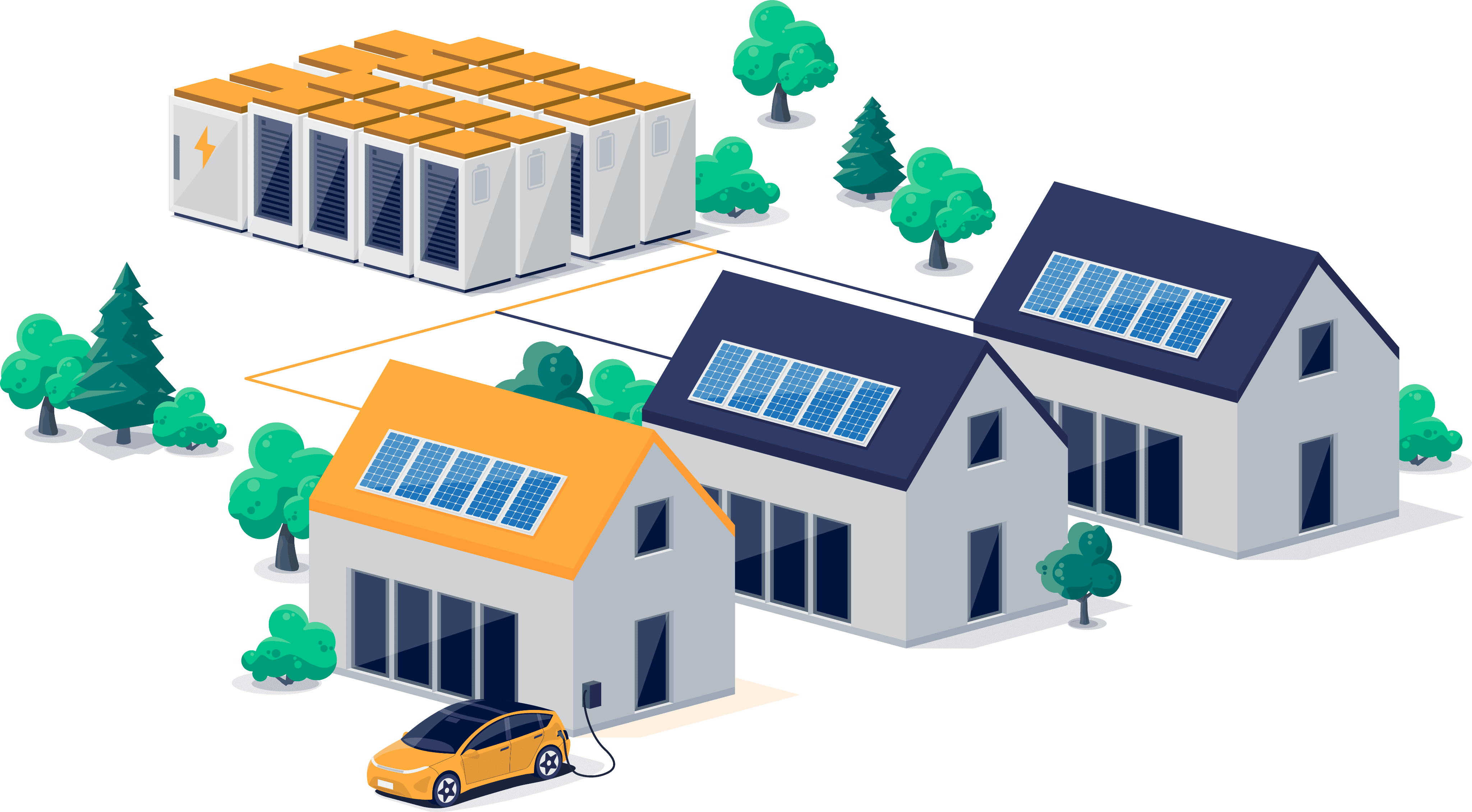 Ilustración de energía solar alimentando unas propiedades y un auto eléctrico