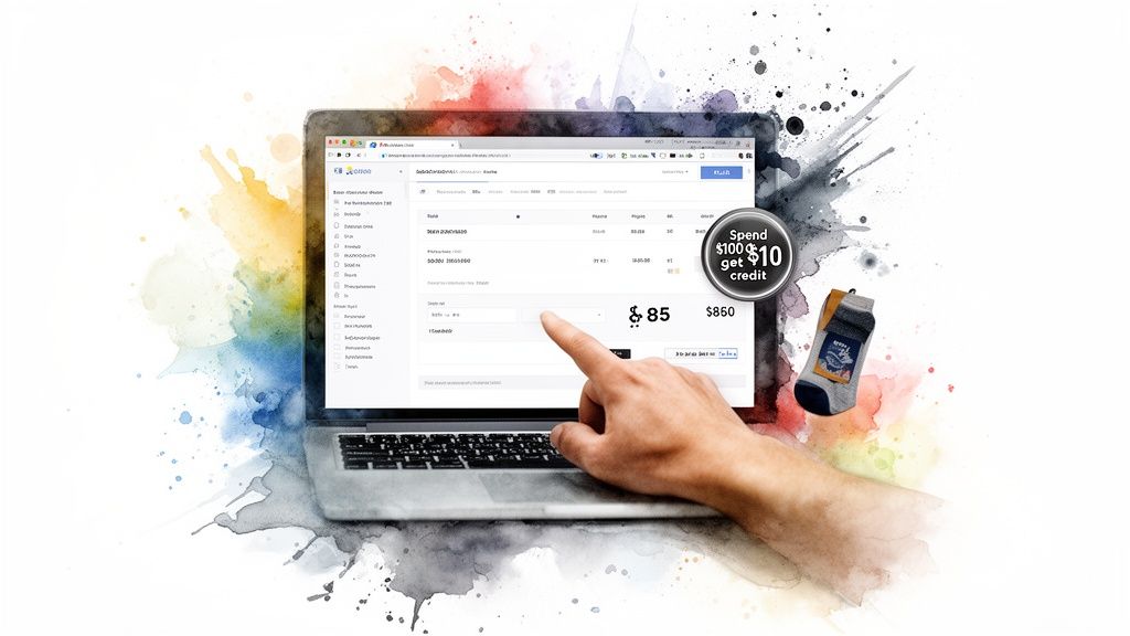 A hand points at a laptop screen displaying an online transaction with a 'Spend $100 get $10 credit' loyalty offer, next to a sock.
