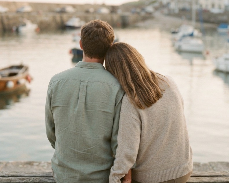 A couple sitting close together by the harbour