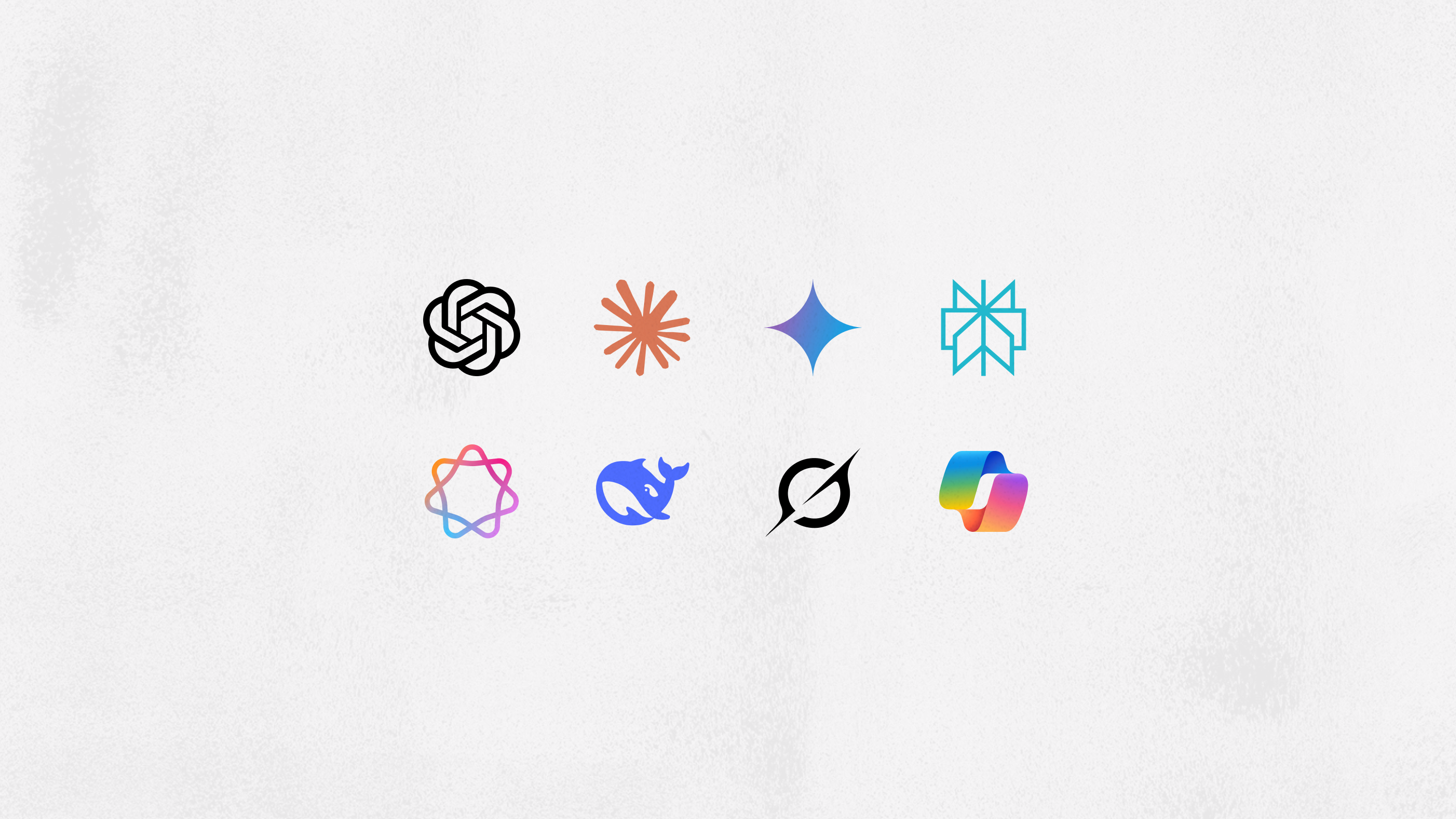 Grid of eight AI tool logos in different colors on a light, textured background.