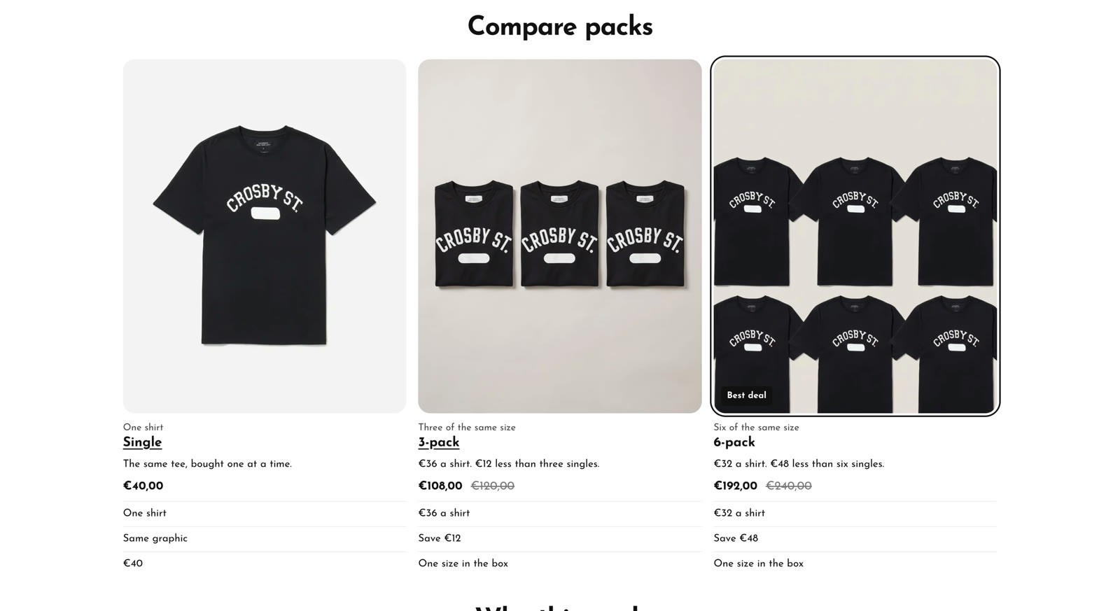 Compare packs section created by the AI agent showing price per shirt and savings