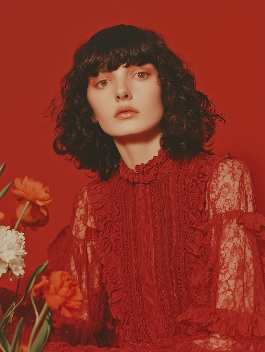 A woman in a red lace dress with curly black hair poses against a red background, surrounded by orange and white flowers.