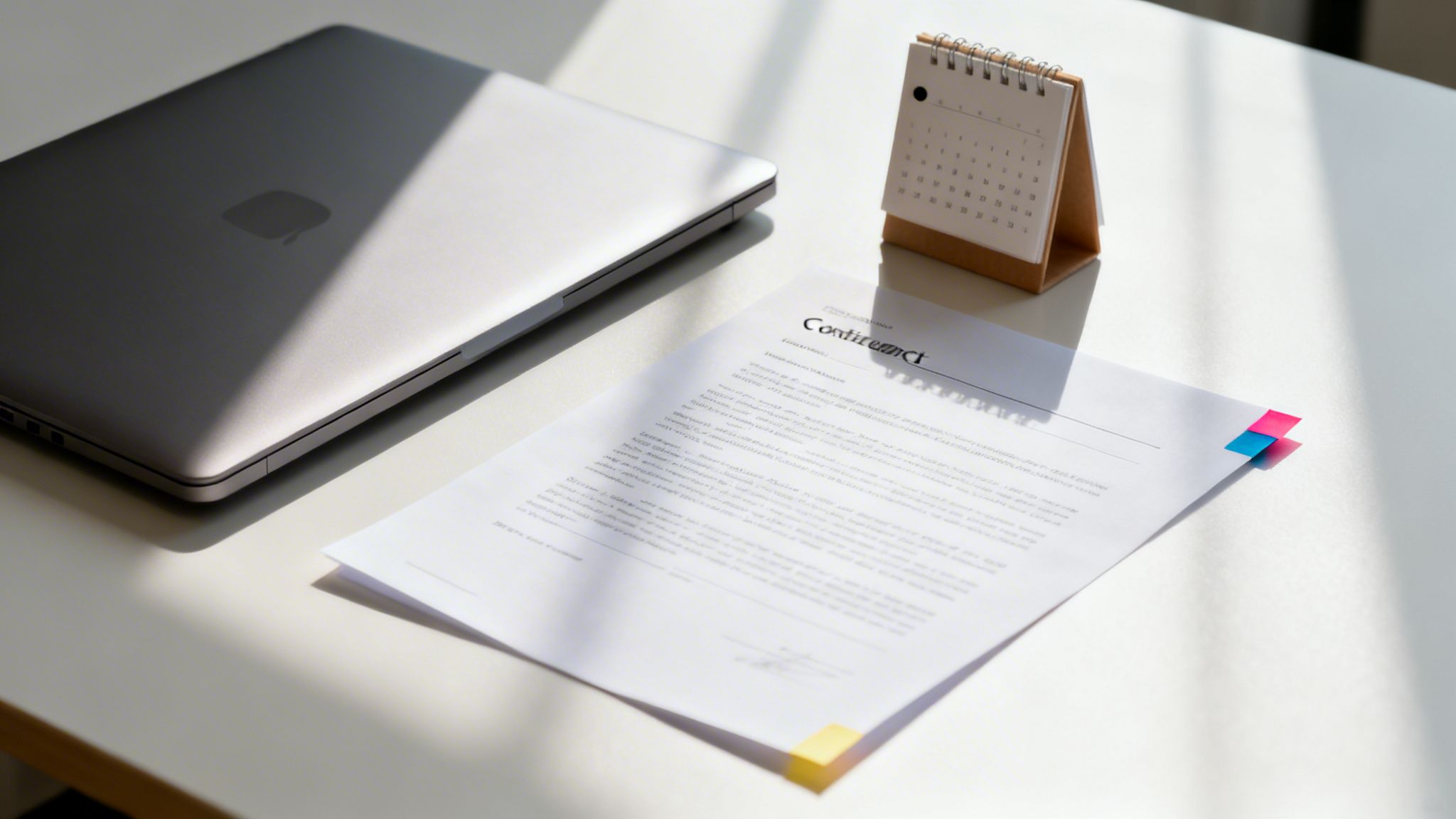 Una laptop, un documento de contrato con notas adhesivas y un calendario de escritorio sobre una mesa blanca.