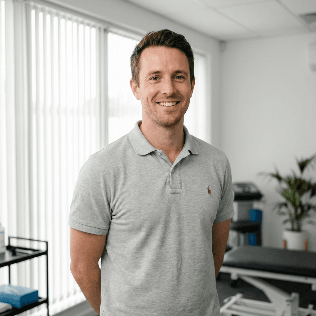 Porträt eines Physiotherapeuten in moderner, heller Physiotherapiepraxis