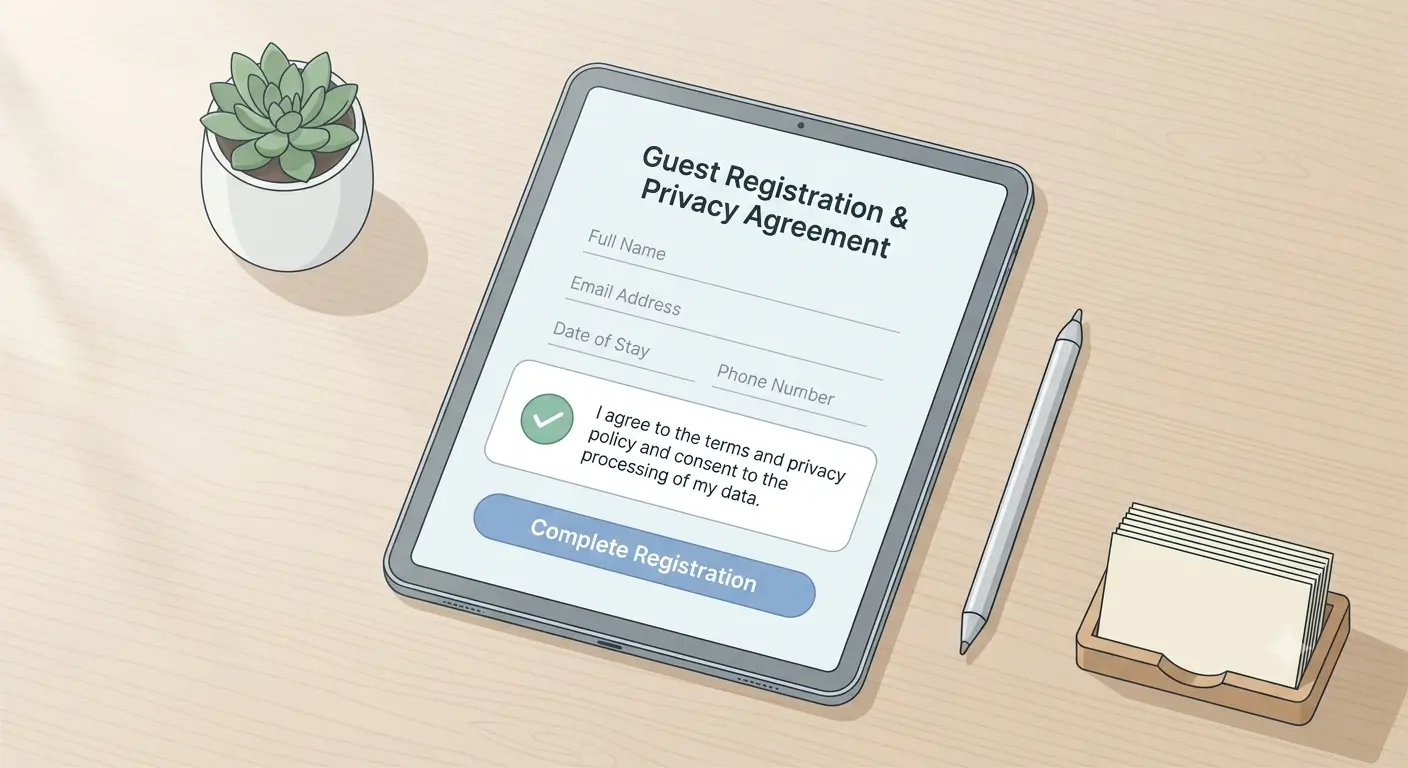 An illustration of a short-term rental guest registration screen capturing contact details with consent.