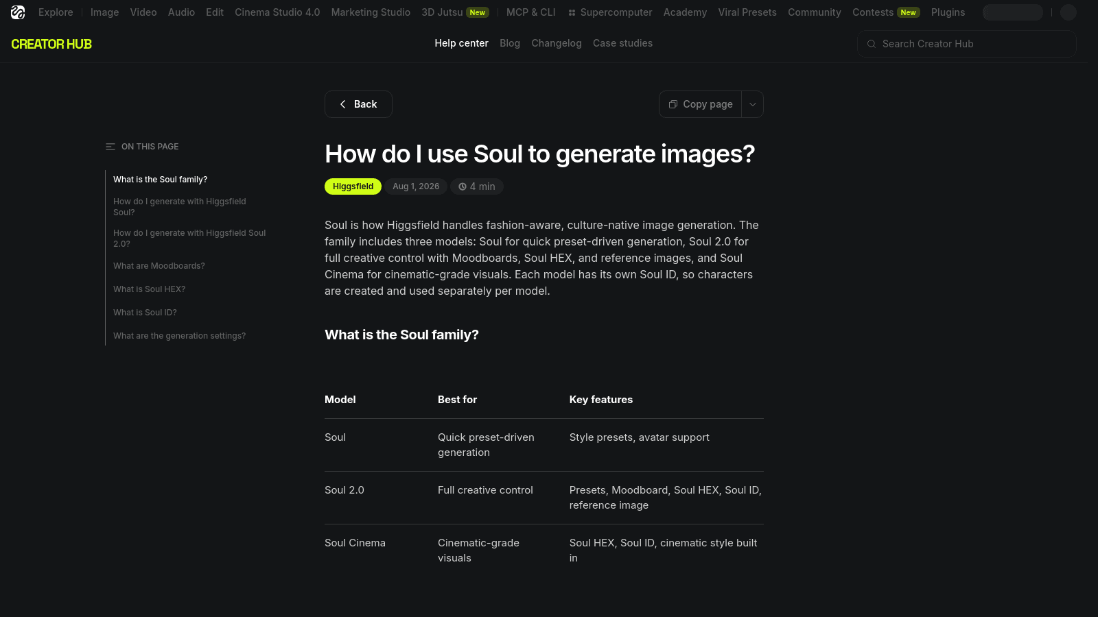 Higgsfield Creator Hub help page explaining how to use Soul AI models for image generation.