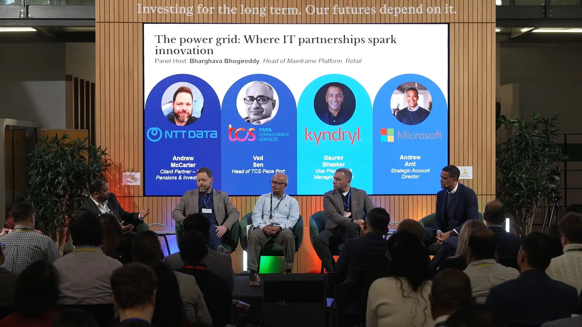 Panel discussion on the main stage at the L&G Retail Tech Summit, with speakers from NTT Data, TCS, Kyndryl and Microsoft.