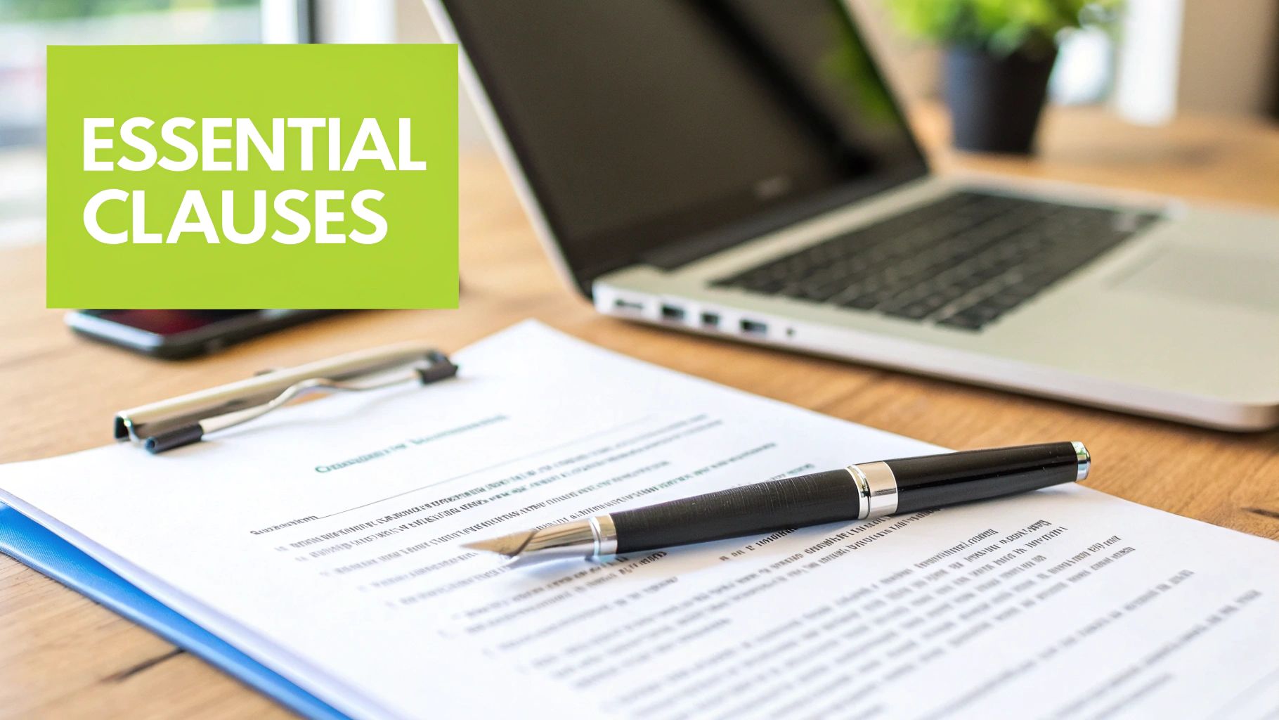 A legal document with 'ESSENTIAL CLAUSES' on a green overlay, a pen, and a laptop on a wooden desk.