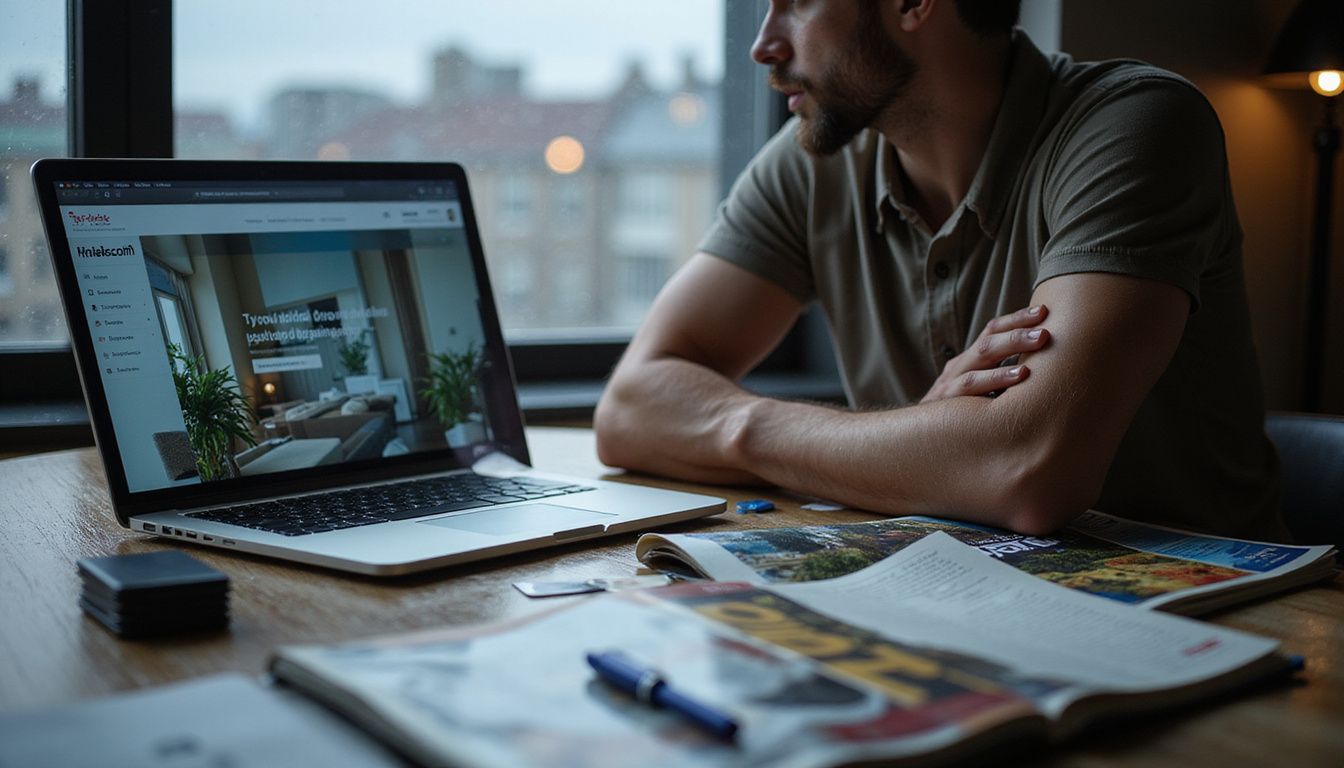 A cluttered wooden desk displays a laptop, travel magazines, a notebook, and loyalty cards, creating an inviting travel planning scene.