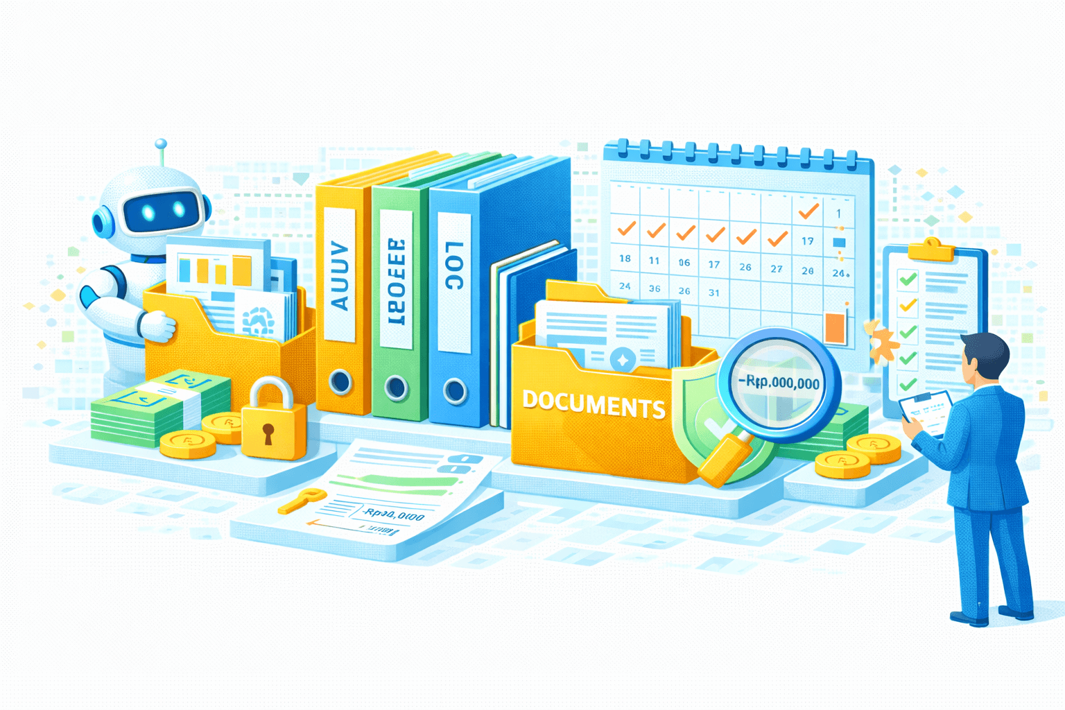 Ilustrasi AI‑assisted audit scheduling, document management, dan financial compliance. Di kiri, AI/robot assistant mengambil dan menganalisis berkas dari folder arsip, berdampingan dengan uang/koin dan ikon gembok yang menandakan keamanan data finansial. Di tengah, deretan binder audit berlabel (mis. Audit, POEP, OJT) dan folder DOCUMENTS menunjukkan pengelolaan arsip terstruktur, dengan kaca pembesar menyorot nilai −Rp1.000.000 sebagai fokus review. Di kanan, seorang auditor memeriksa checklist kepatuhan pada clipboard dan kalender audit bertanda centang (jadwal terpenuhi). Elemen perisai hijau, kunci, dan dokumen menegaskan kontrol akses, kepatuhan, serta audit trail. Visual menggambarkan orkestrasi audit, penjadwalan, dan validasi keuangan yang aman, terotomasi, dan terdokumentasi end‑to‑end.