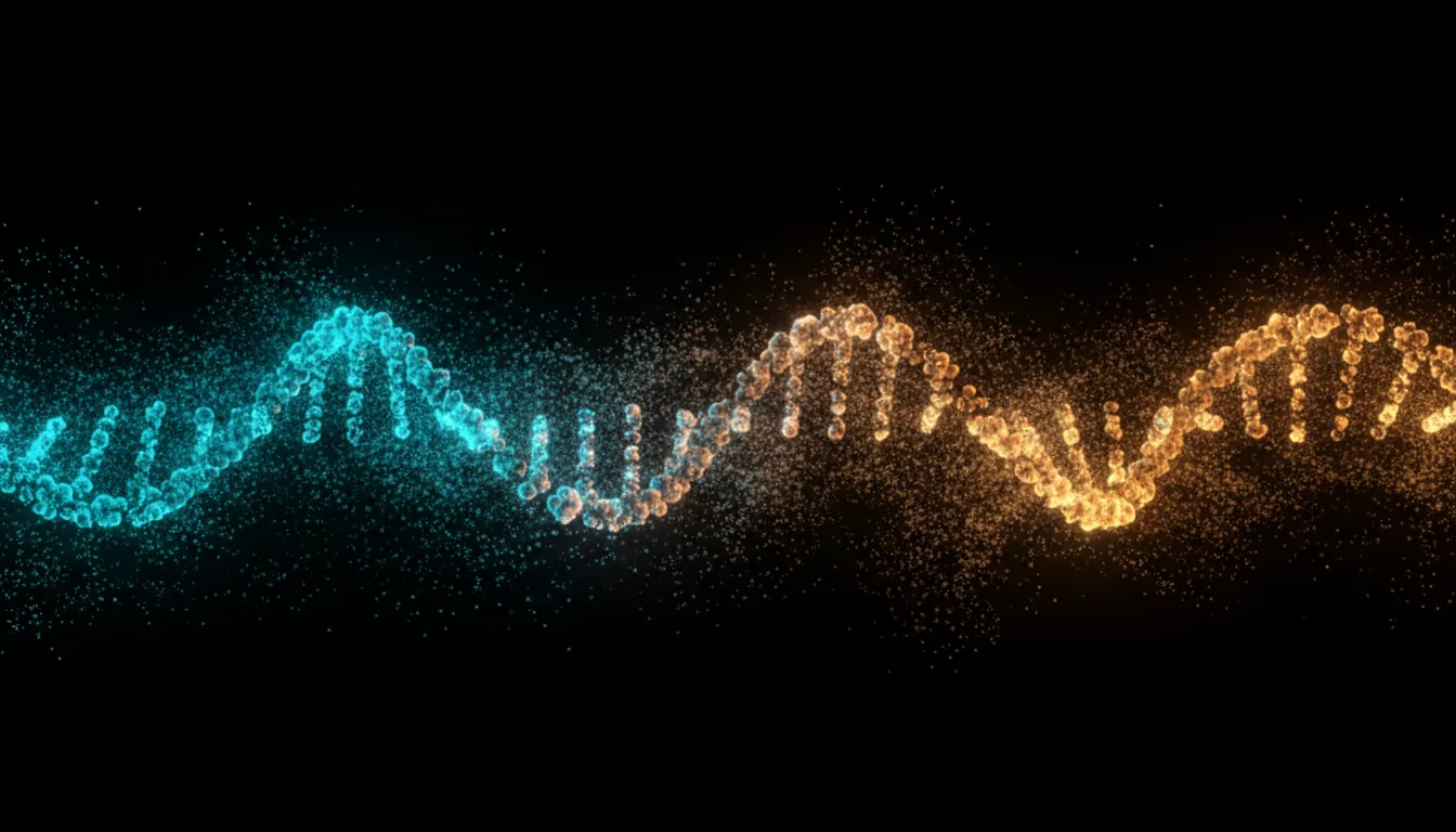 Macro 3D render of a complex DNA double helix structure dissolving into a swirling cloud of tiny granular particles, Blender style particle simulation. The scene is illuminated with dramatic, cinematic dual-color lighting featuring a vibrant cyan glow and a warm orange emissive light, set against a solid black background. Extremely shallow depth of field creates a soft bokeh effect, focusing on the intricate molecular details.