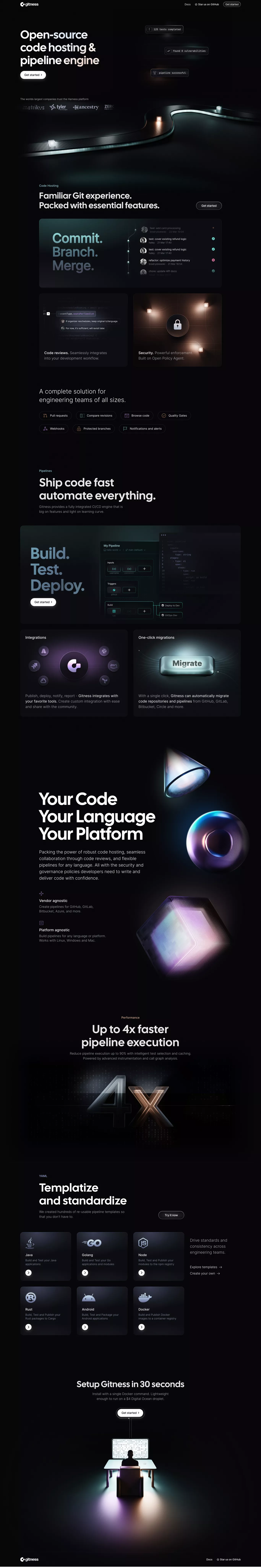 Gitness: Open-Source Code Hosting & CI/C landing page screenshot showcasing Tech design
