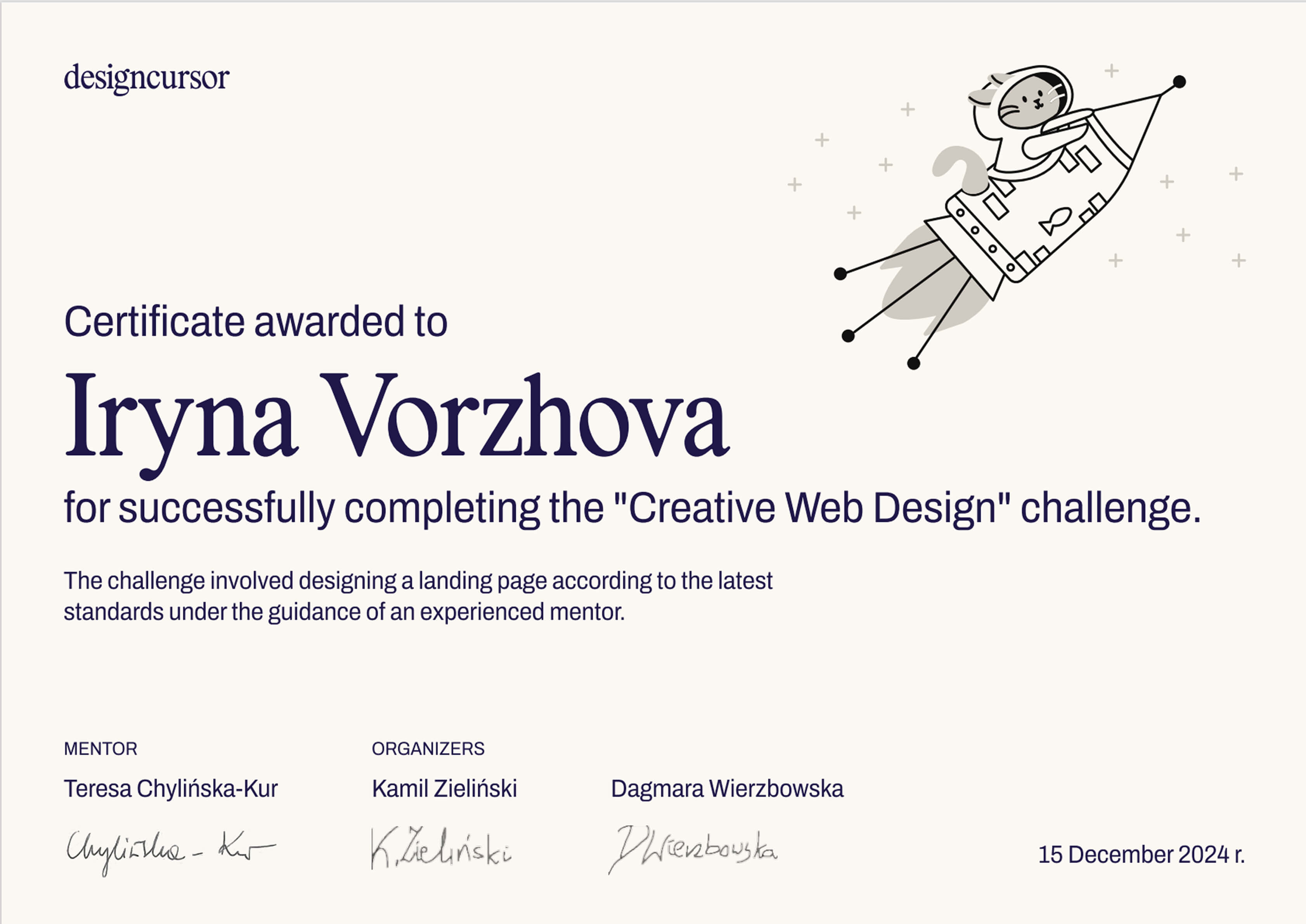 Certificate of completion from the Design Cursor challenge, accompanied by mentor feedback praising the designer’s structure, design thinking, and execution quality.