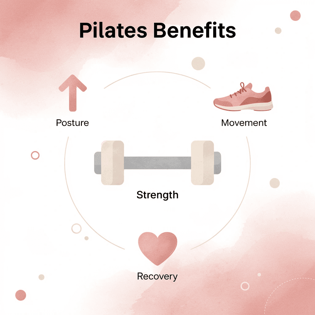  Hub and spoke diagram showing pilates mat in center with four key benefits around it