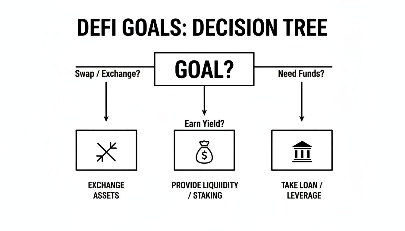 A DeFi decision tree outlining goals: exchanging assets, earning yield through liquidity/staking, or taking loans/leverage.