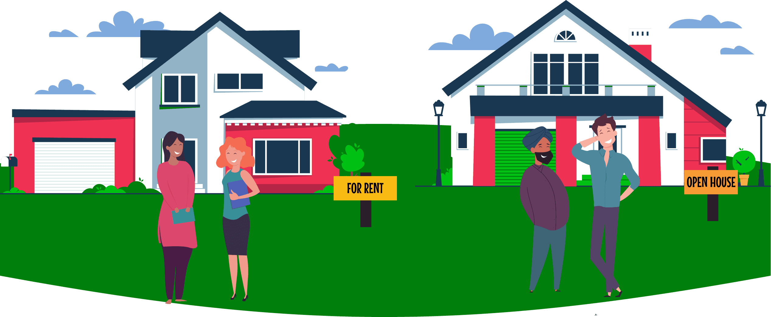 An illustration of a seperate groups of realtors and prospective tenants to inspect apartments