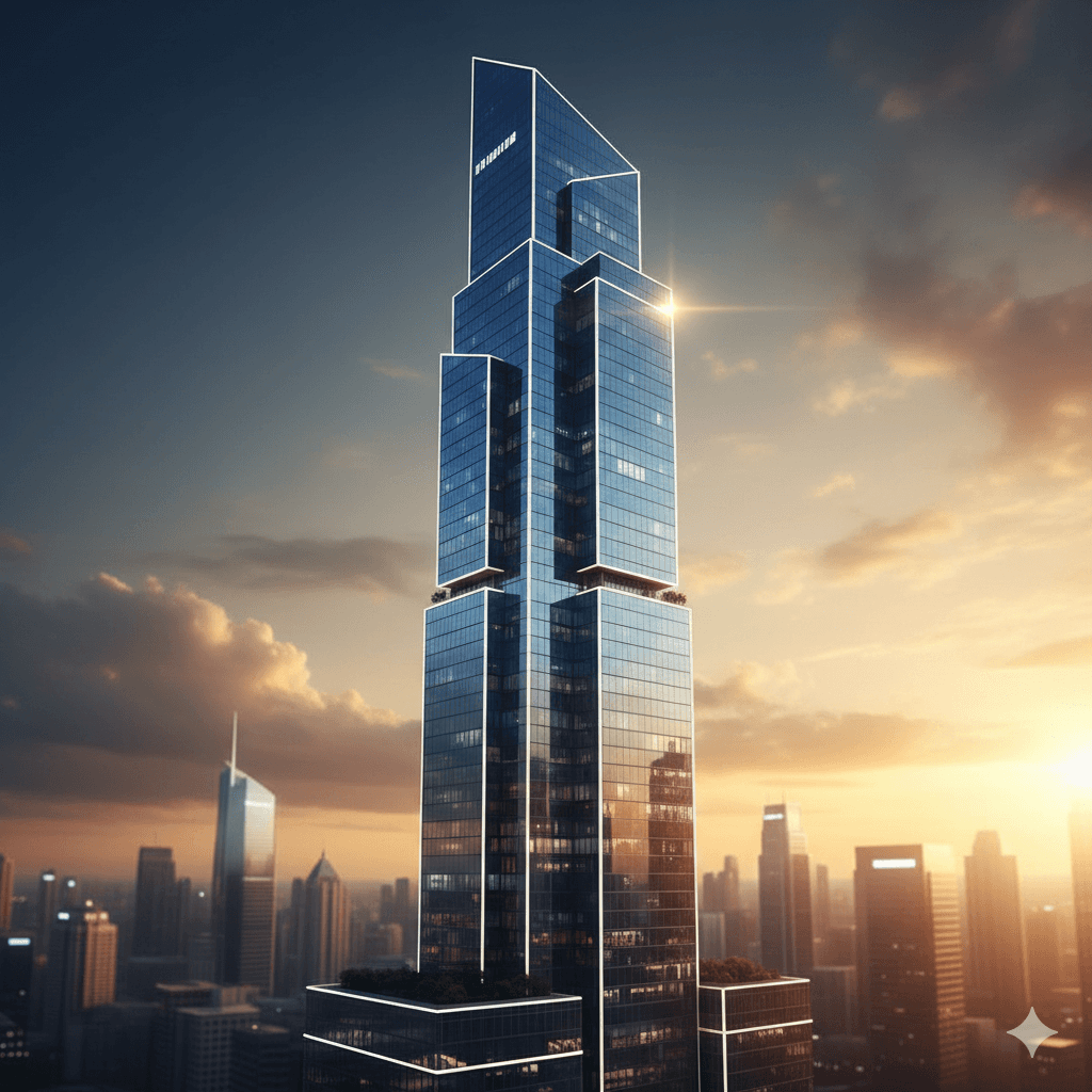 Iconic glass skyscraper silhouette at sunset on Golf Course Road commercial hub