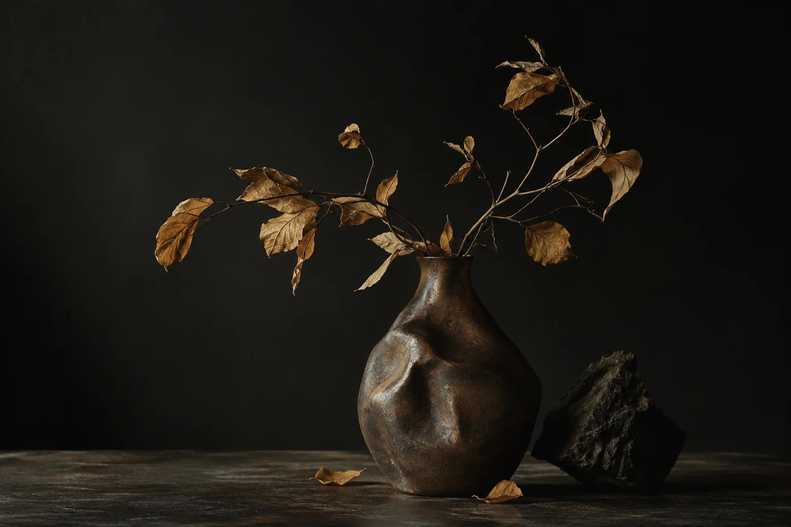 An irregular bronze ceramic vase with dried warm ochre leaves against near-black backdrop