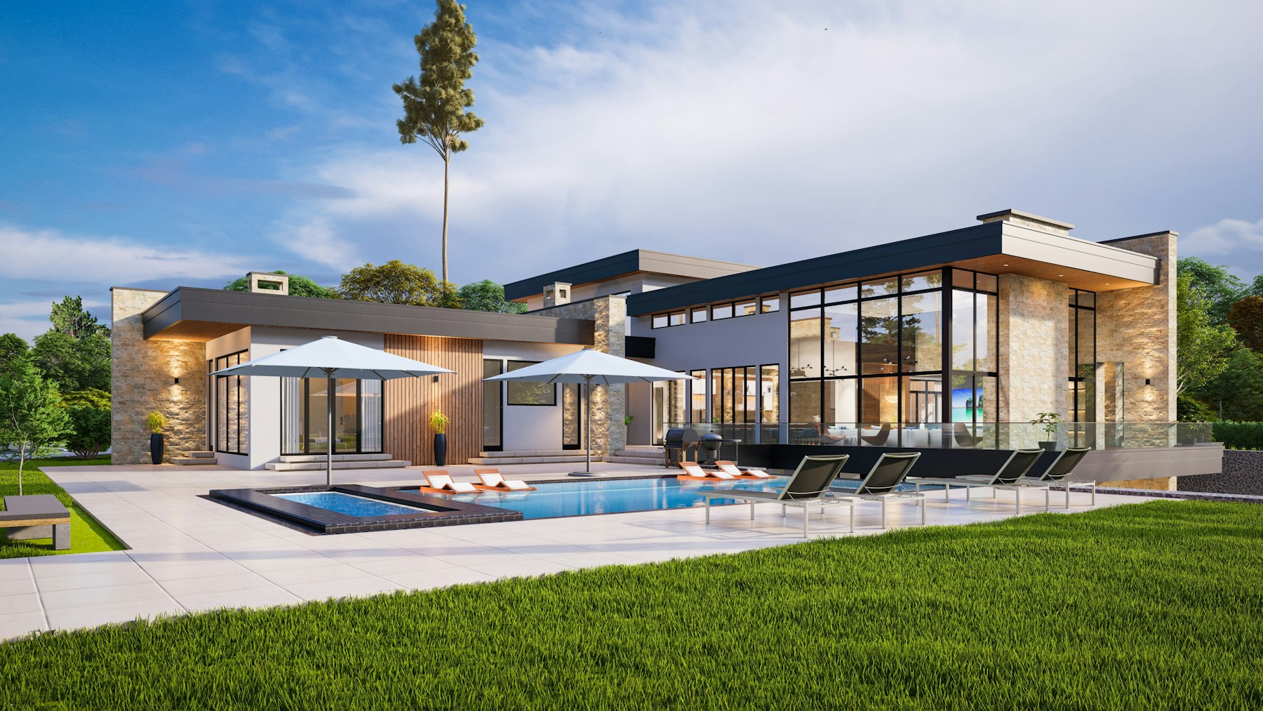 Modern home with pool at dusk
