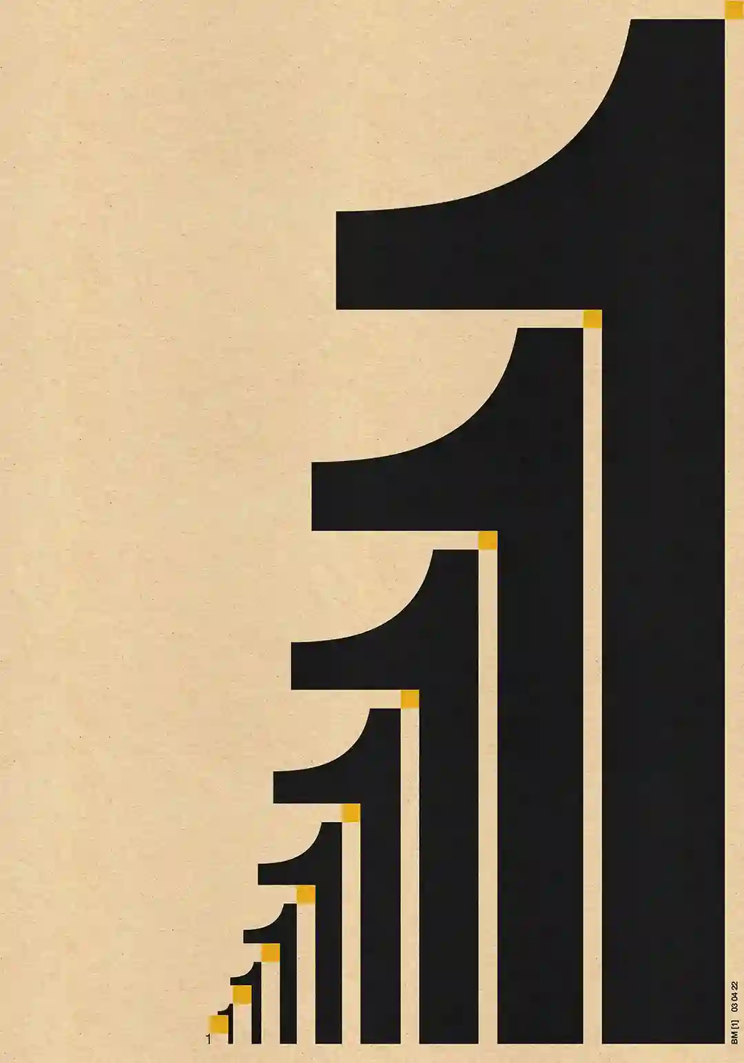 Large, graphic '1's decreasing in size
