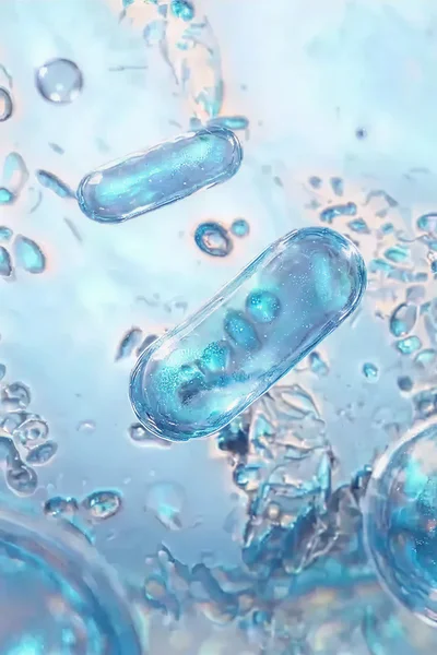 Abstract blue artwork depicting translucent shapes and bubbles, resembling BACILLUS SUBTILIS AB22 ingredient