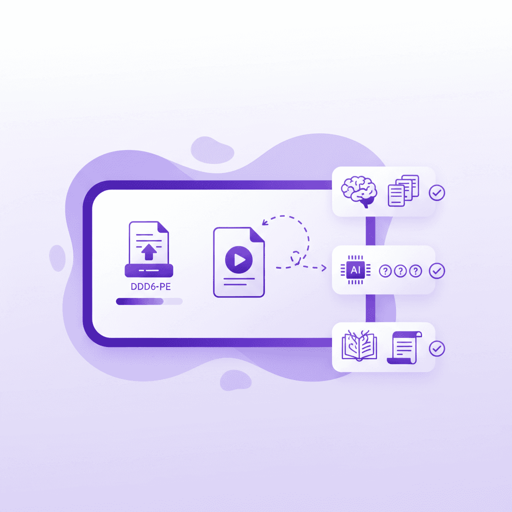A digital dashboard showing a user uploading a PDF document, with visual indicators pointing to generated flashcards, quizzes, and a study guide.