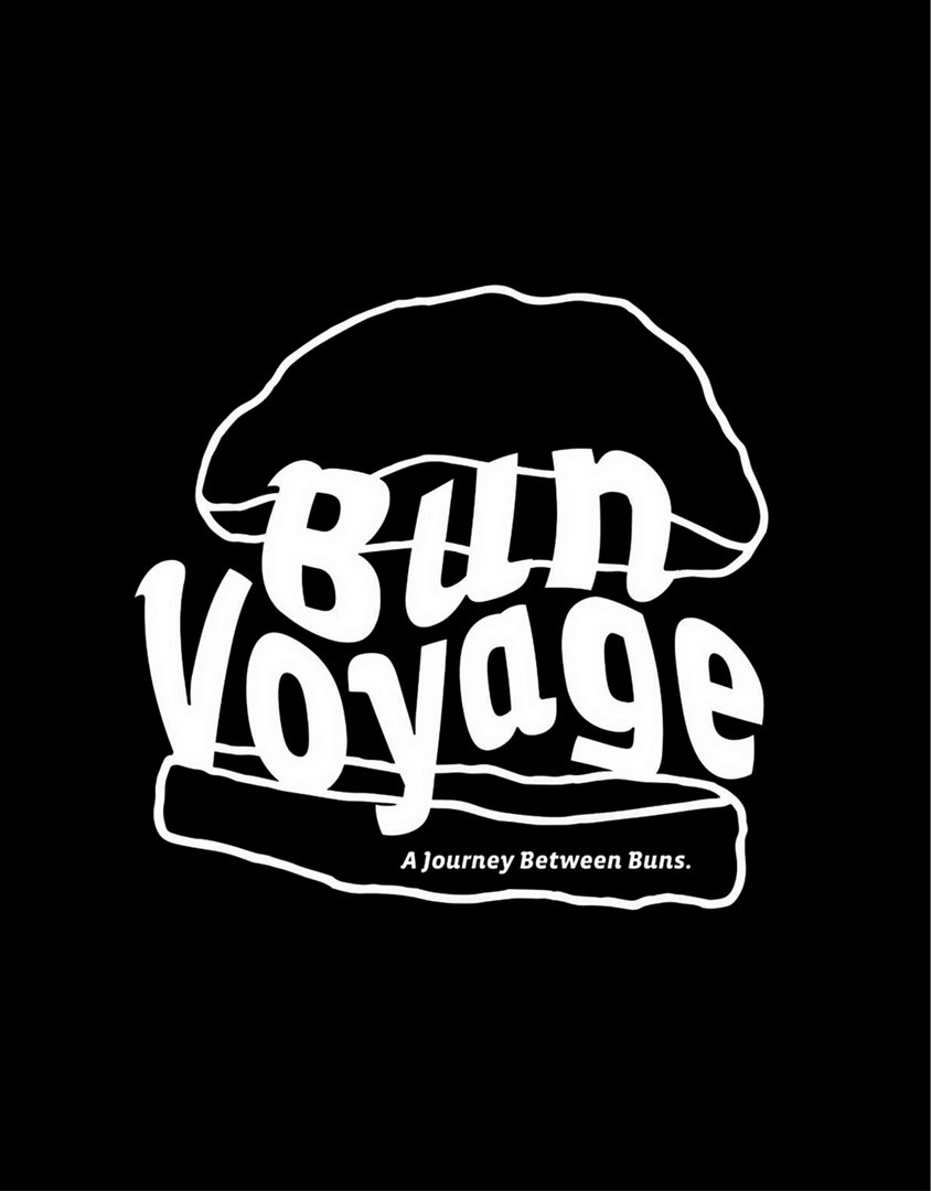 Black graphic featuring a hand-drawn "Bun Voyage" logo on a burger bun illustration.