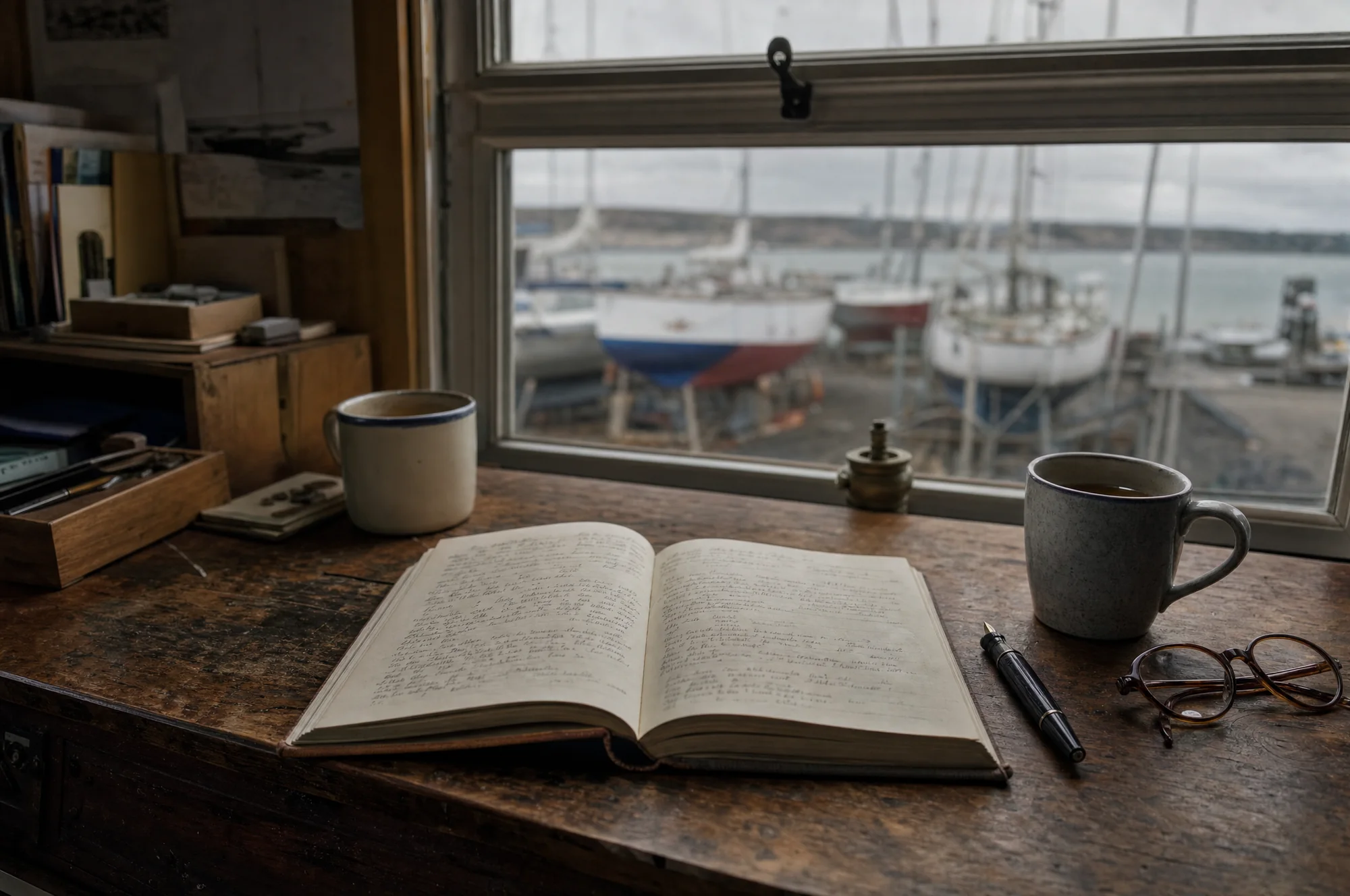 An open notebook, a pen and two mugs on a boatyard office desk by the window