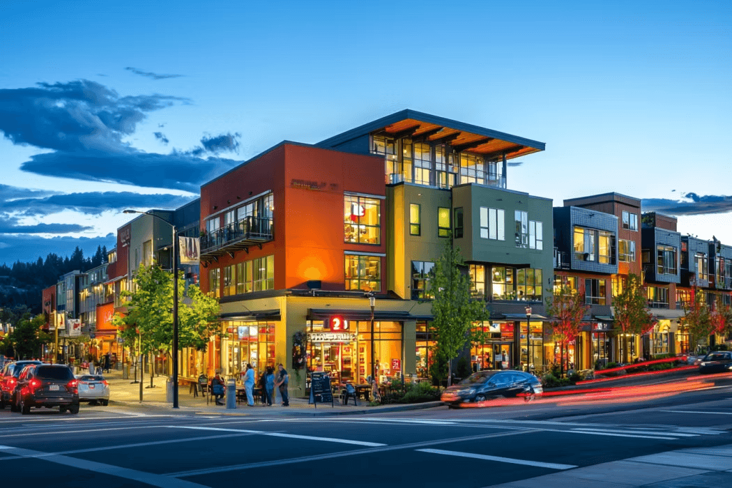 Modern building lit up at dusk with shops and pedestrians outside. Cars pass by, leaving light trails. Sky is blue with scattered clouds.