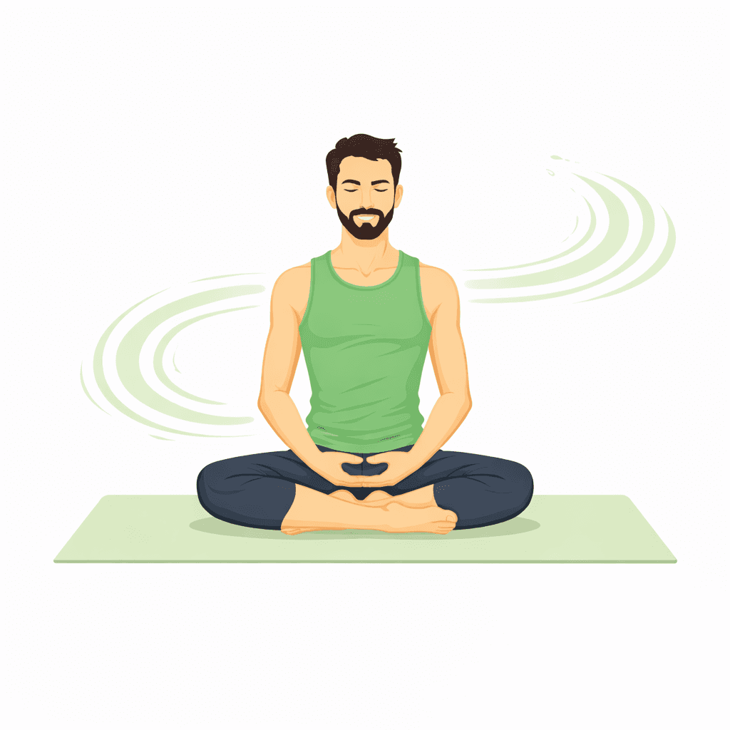 A woman in a pink top sits cross-legged in a meditative pose, surrounded by soft green swirls.