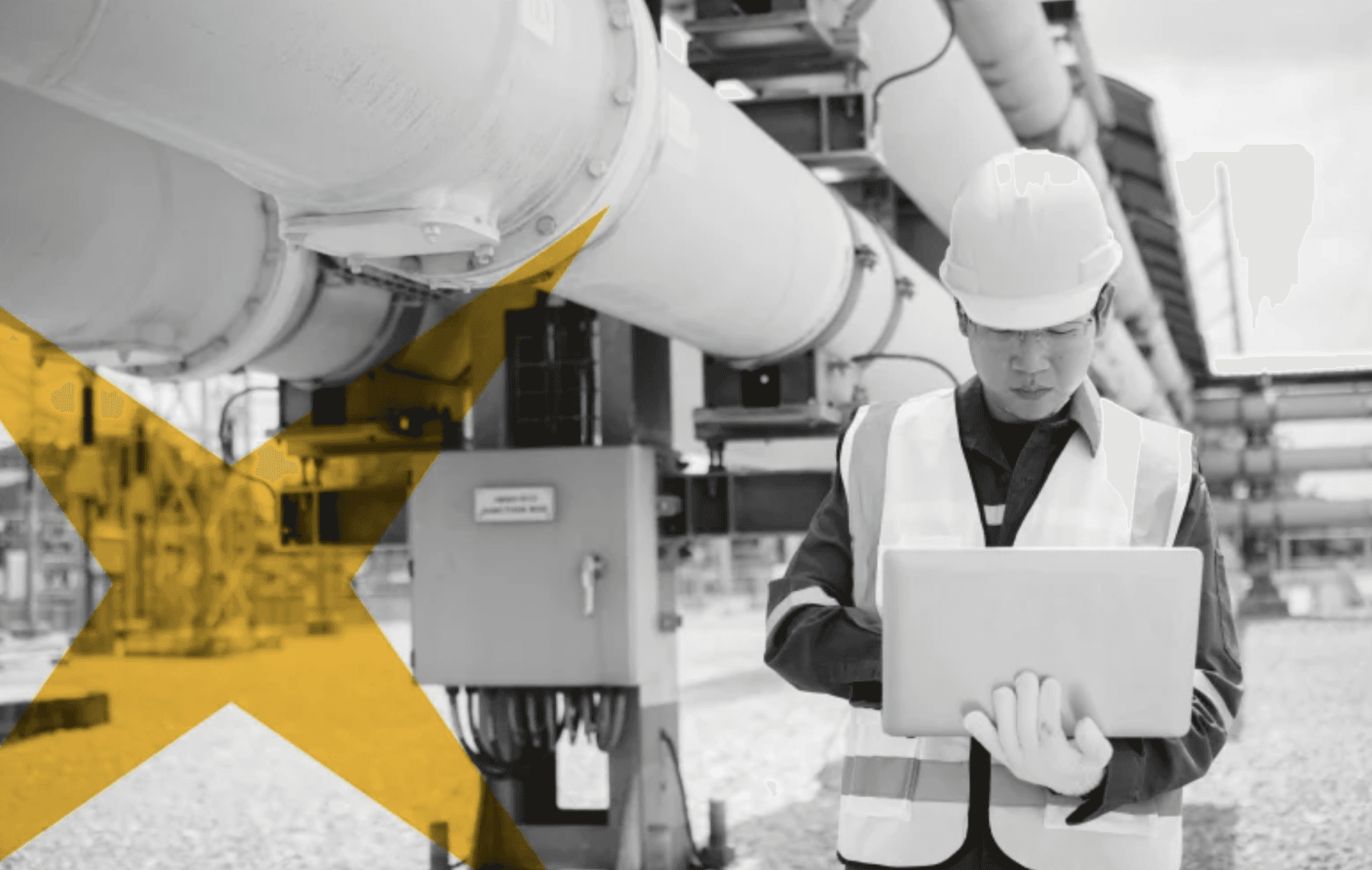 Industrial safety professional reviewing equipment data on a tablet, representing AI-powered certificate automation