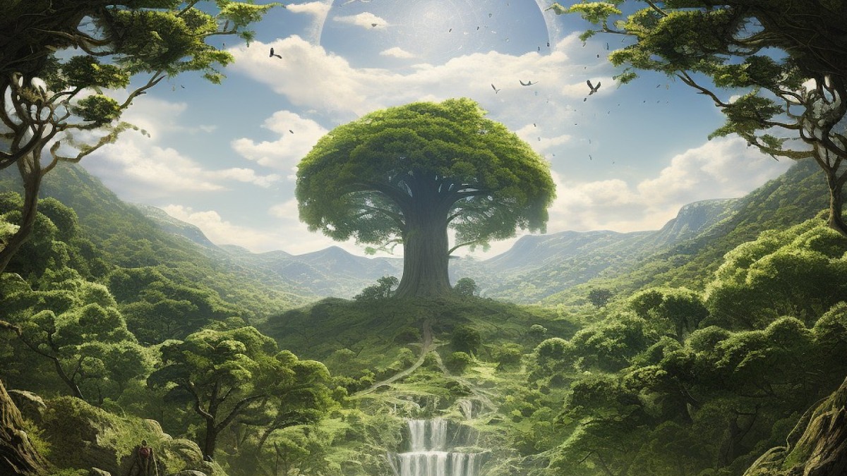 An artists depiction of the new heavens and earth in the likeness of Eden, focussed on the tree of life in the middle of the garden