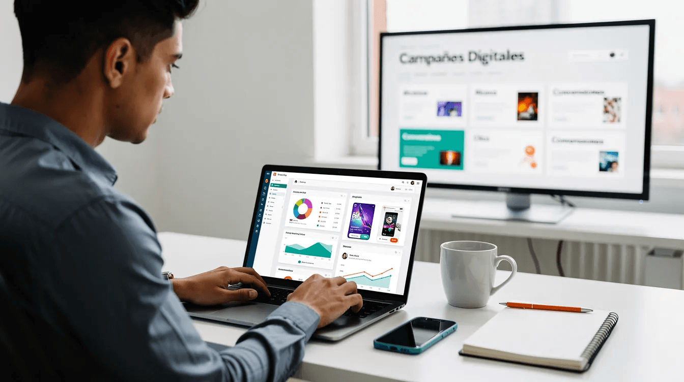 Un profesional está trabajando en campañas digitales desde su laptop, utilizando herramientas de investigación de palabras clave para optimizar anuncios en Google Ads. En la pantalla se pueden ver gráficos y datos relacionados con el volumen de búsqueda y las palabras clave adecuadas para atraer más tráfico a su sitio web.