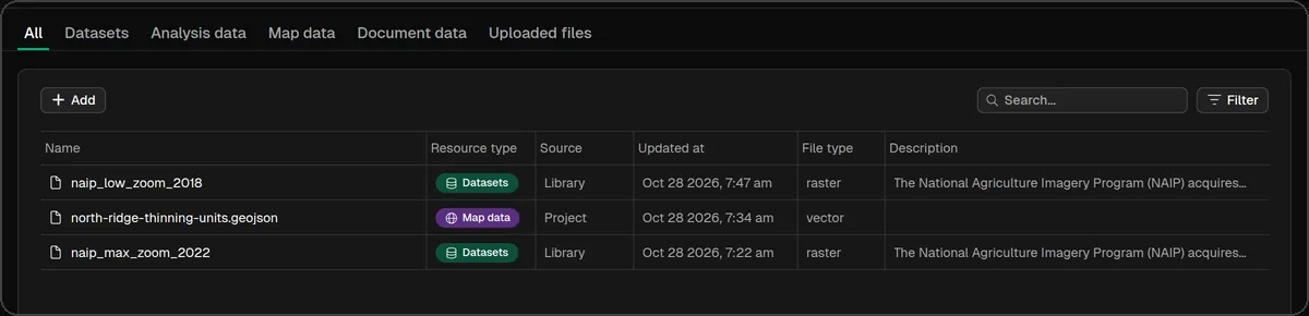 The Resources list with an uploaded GeoJSON file and two library datasets