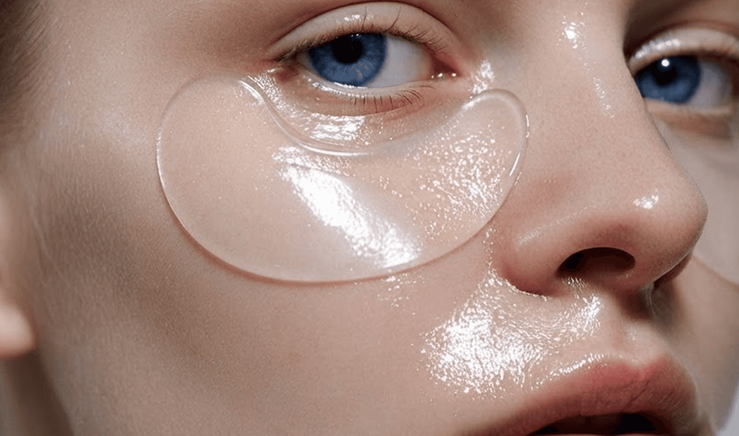 Close-up of a translucent gel eye mask applied beneath the eye.