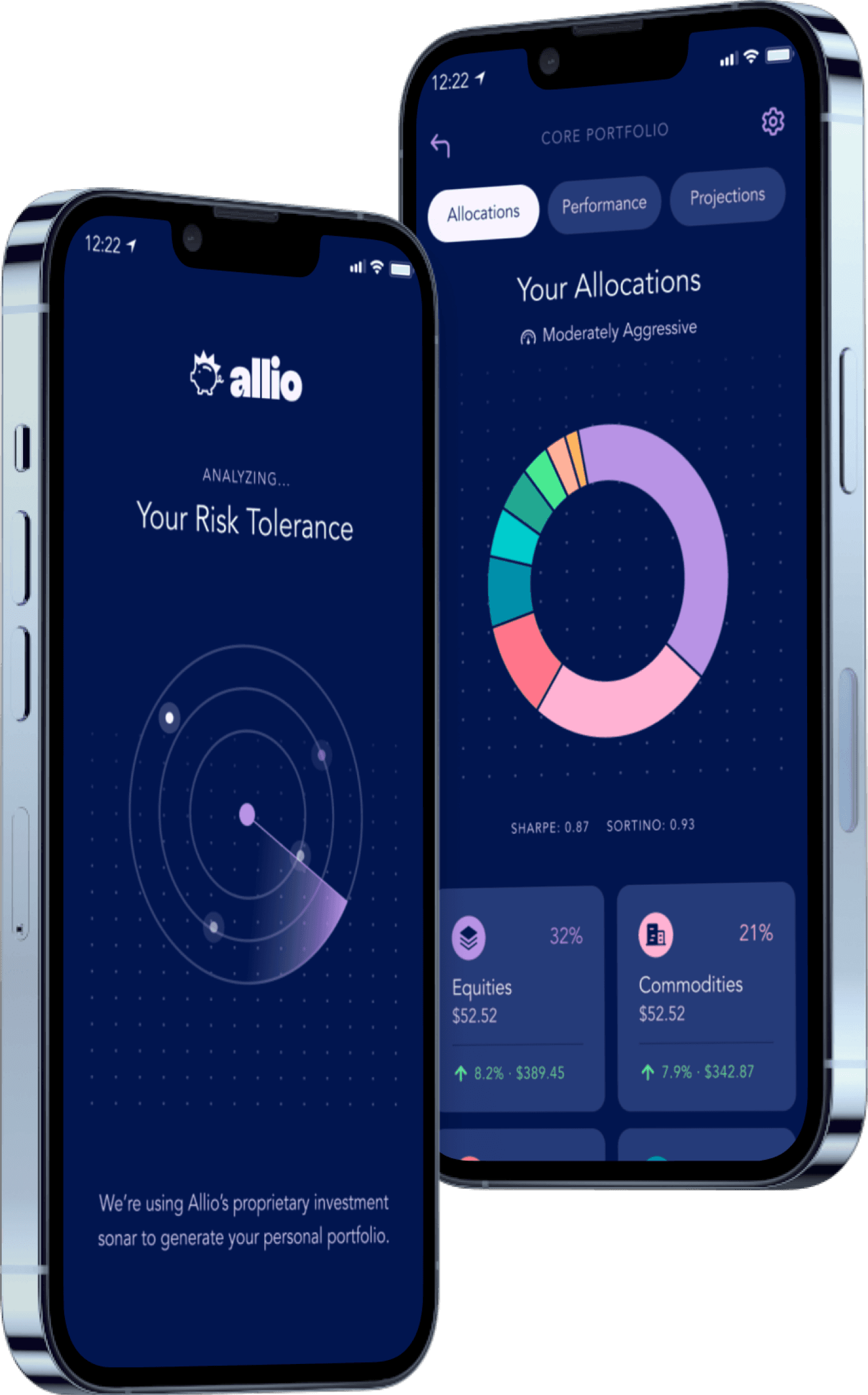 Two phones showing Allio's global macro portfolios hover in midair