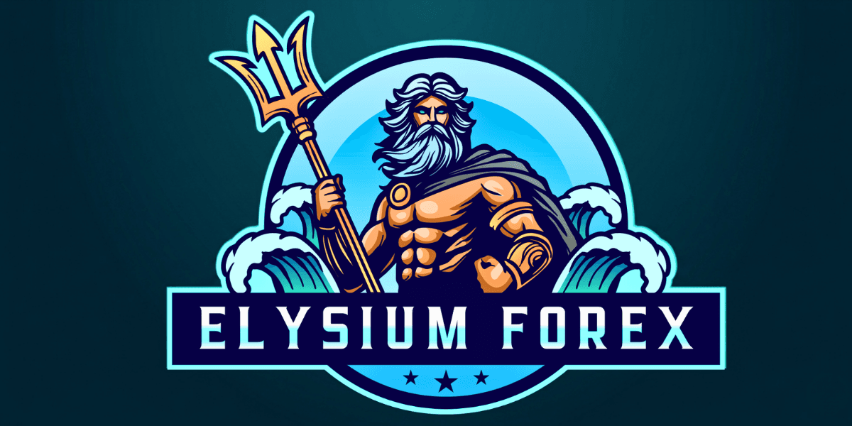 Powerful figure holding a trident stands amidst waves, symbolizing strength and authority. "Elysium Forex" is boldly displayed below, evoking confidence and vigor.