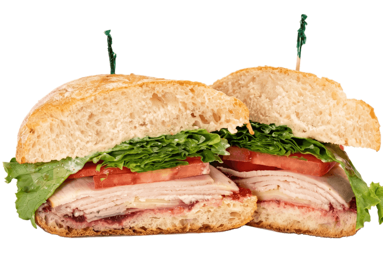 Seasonal Turkey sandwich with turkey breast, swiss and jack cheese and cranberry sauce on ciabatta